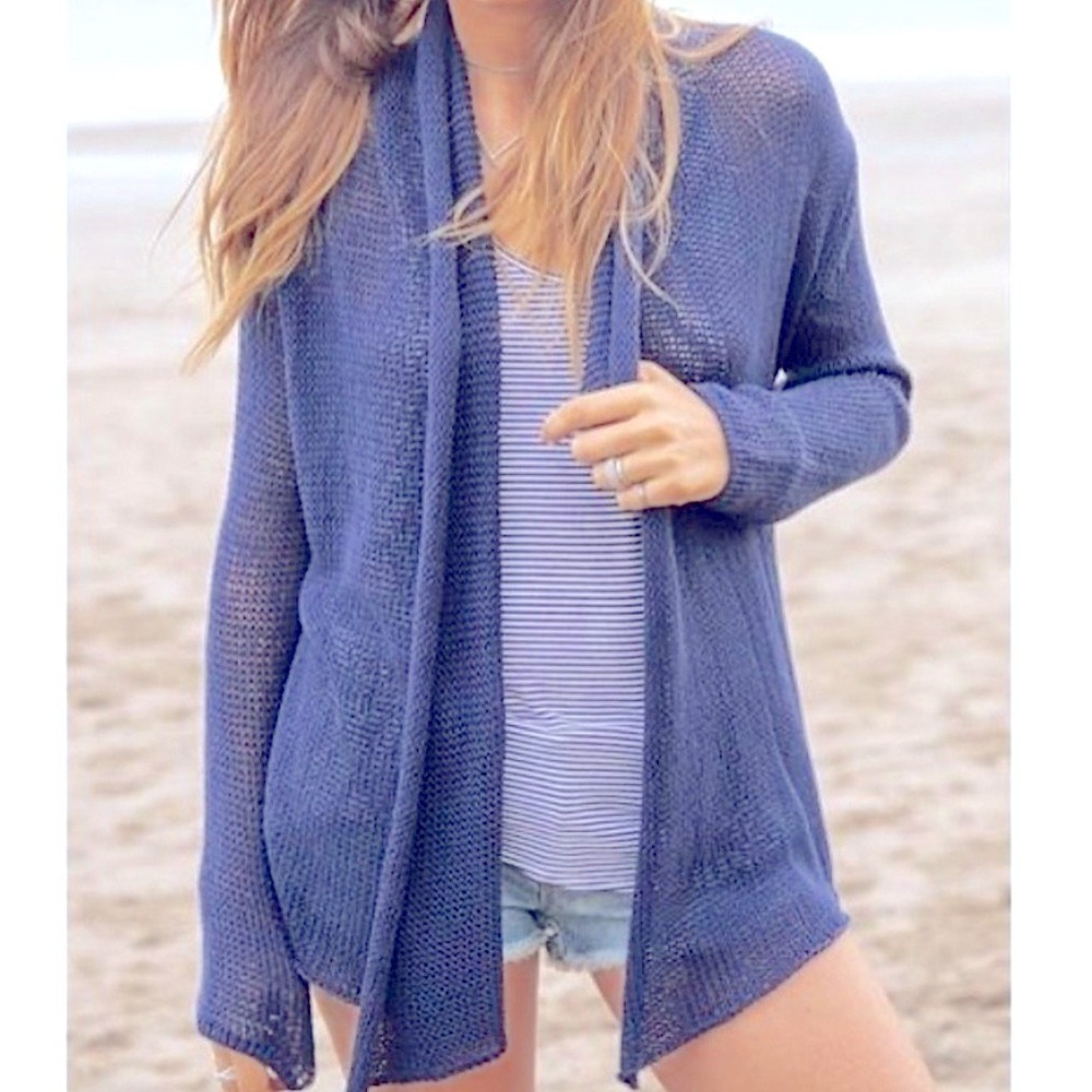 Anthropologie‎ Wooden Ships Open Knit Draped Collar Sweater Cardigan Blue M/L